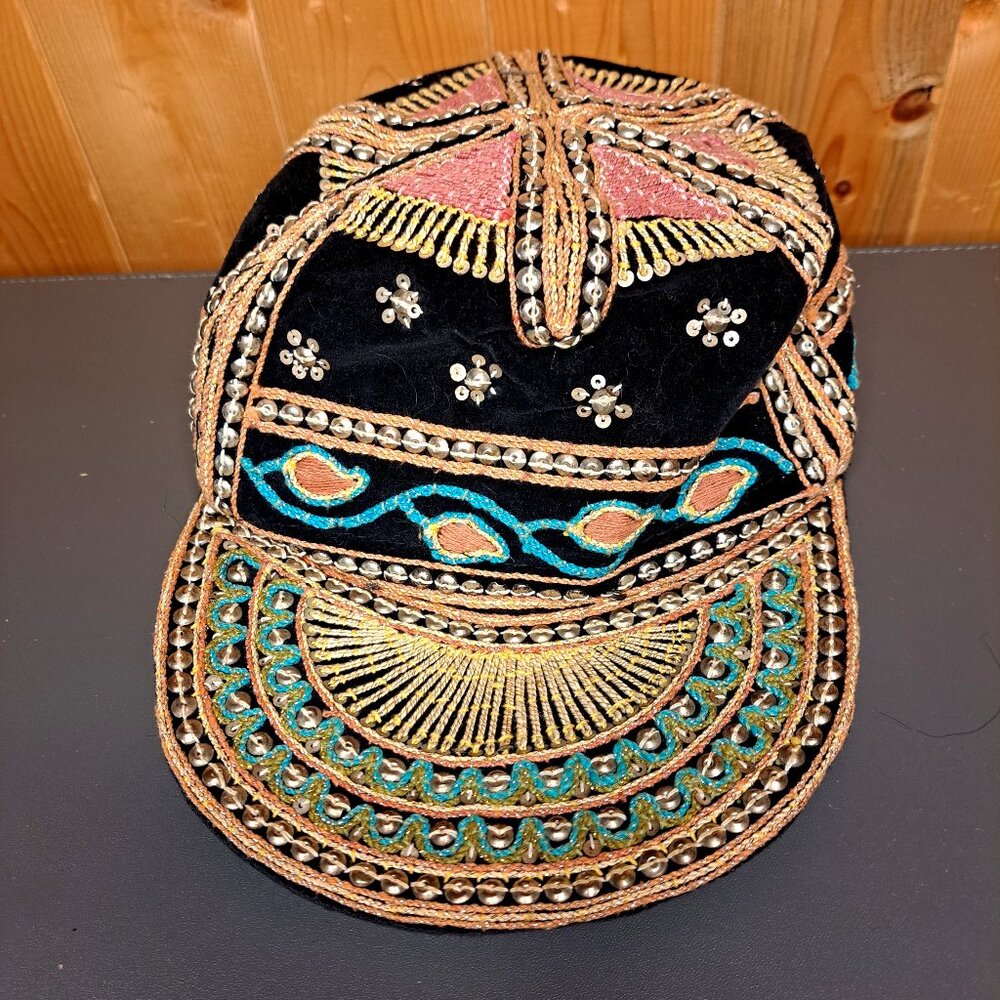Vintage Beaded Sequin Velvet Kalabra Hat Multicolor Burma Made In Myanmar